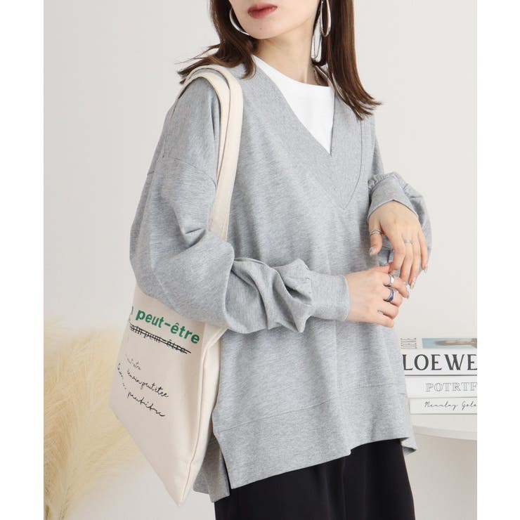 M-GRAY | ミニ裏毛Vネックサイドスリットスウェット 大きいサイズ レディース | JungleJalopy