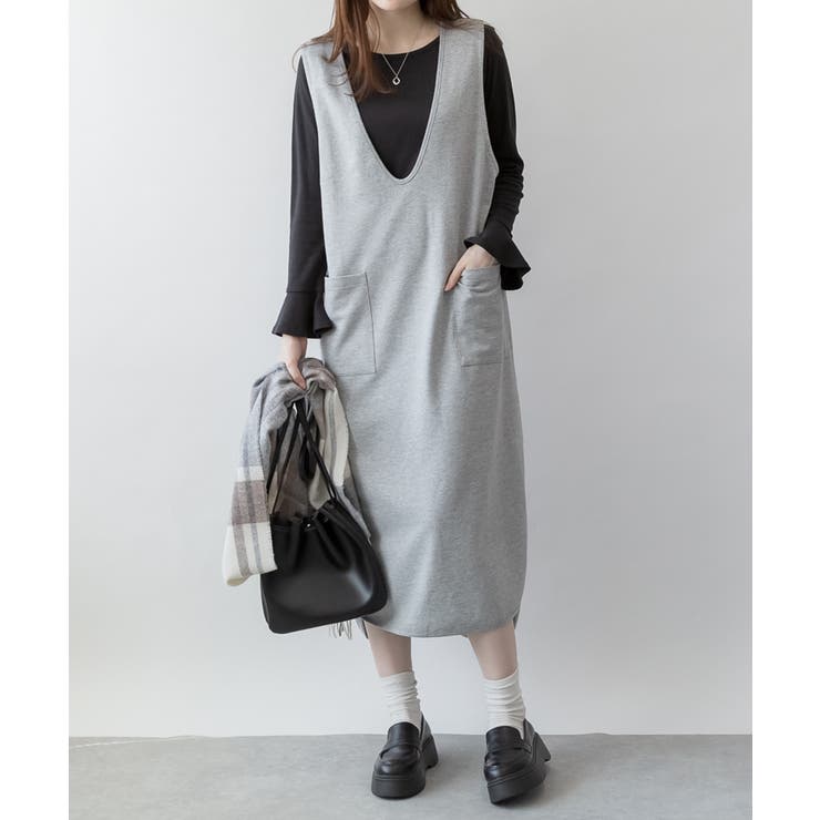 M-GRAY | ミニ裏毛Vネックロングスウェットベスト 大きいサイズ レディース | JungleJalopy