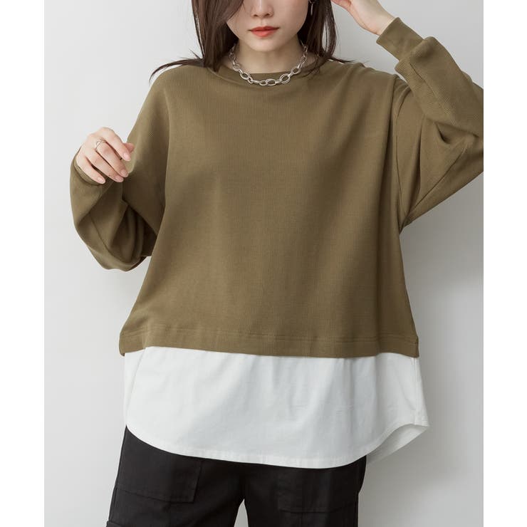 KHAKI | ワッフル裾切り替え長袖Tシャツ 冬 レディース | JungleJalopy