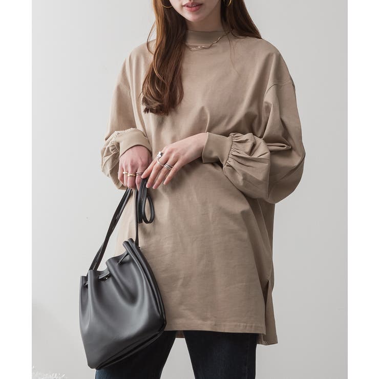 GRAY-BEIGE | バルーンスリーブモックネックトップ レディース 大きいサイズ | JungleJalopy