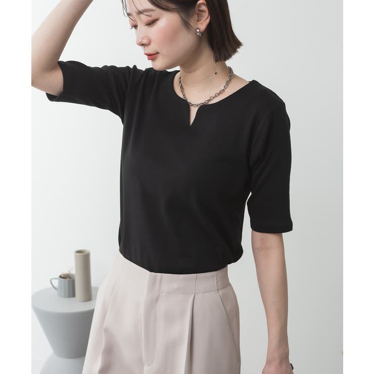 BLACK | キーネックコットン5分袖トップ レディース 大きいサイズ | JungleJalopy
