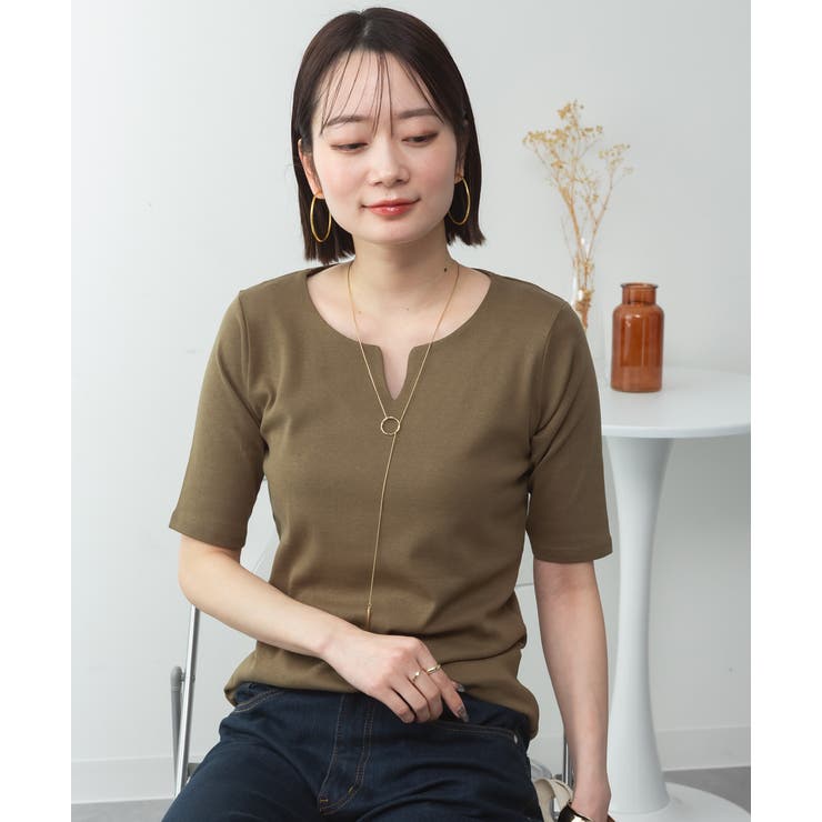 KHAKI | キーネックコットン5分袖トップ レディース 大きいサイズ | JungleJalopy