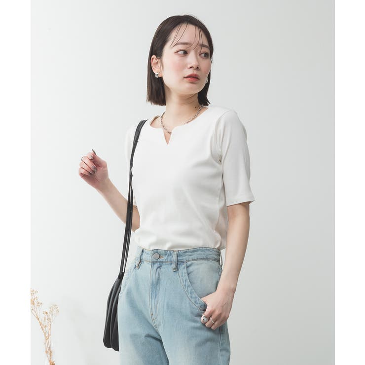 OFFWHITE | キーネックコットン5分袖トップ レディース 大きいサイズ | JungleJalopy