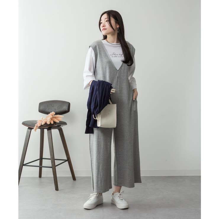 M-GRAY | ミニ裏毛ディープVネックコットンジャンプスーツ レディース 大きいサイズ | JungleJalopy