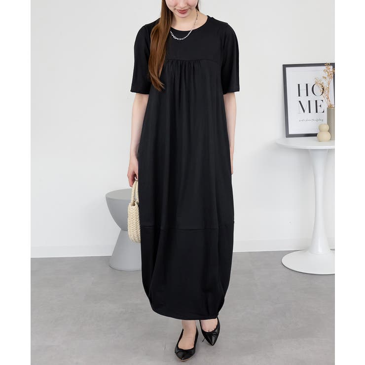 BLACK | 半袖バルーンロングワンピース レディース 大きいサイズ | JungleJalopy