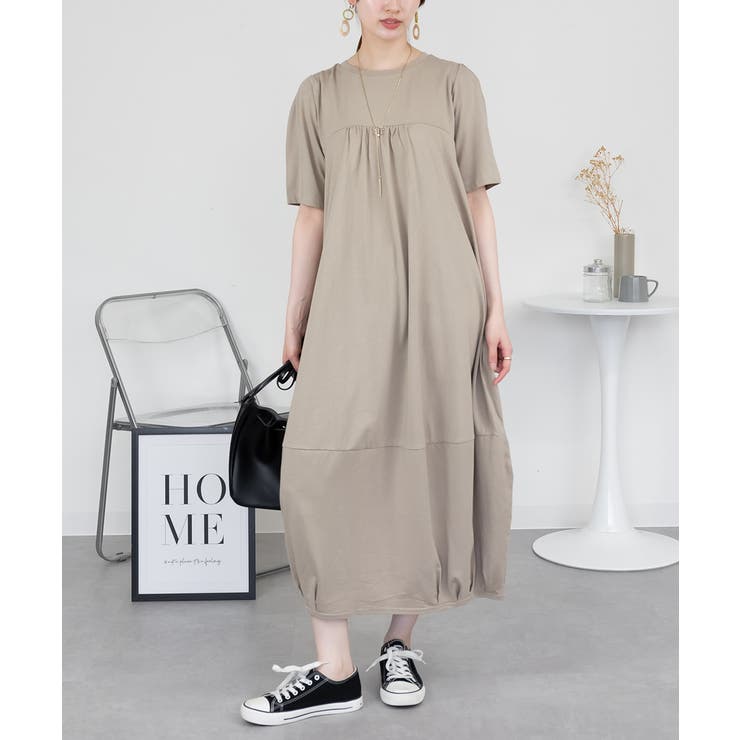 GRAY-BEIGE | 半袖バルーンロングワンピース レディース 大きいサイズ | JungleJalopy