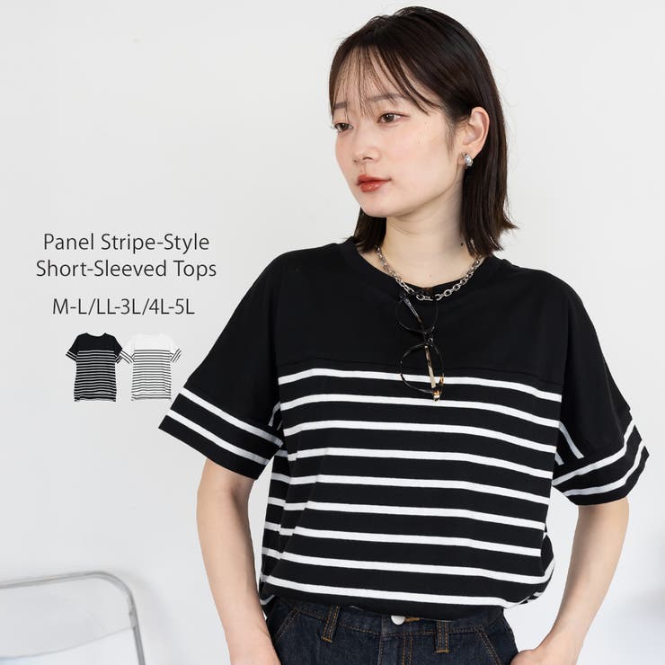 パネルボーダー風半袖トップス レディース 大きいサイズ | JungleJalopy | 詳細画像1 