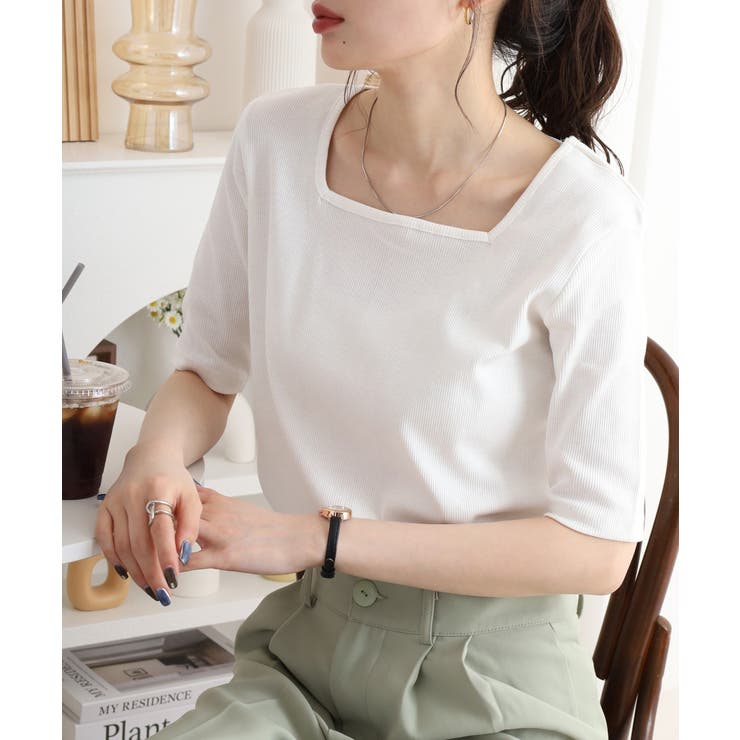 スクエアネック5分袖コットンリブTシャツ レディース 大きいサイズ | JungleJalopy | 詳細画像3 