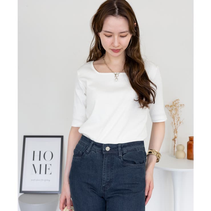 スクエアネック5分袖コットンリブTシャツ レディース 大きいサイズ | JungleJalopy | 詳細画像8 