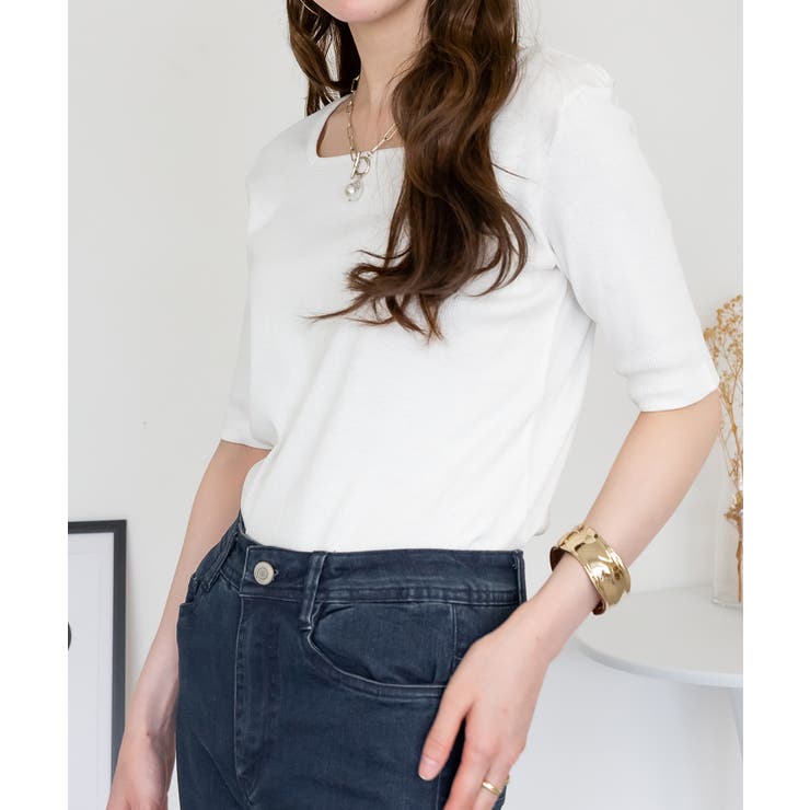 スクエアネック5分袖コットンリブTシャツ レディース 大きいサイズ | JungleJalopy | 詳細画像9 