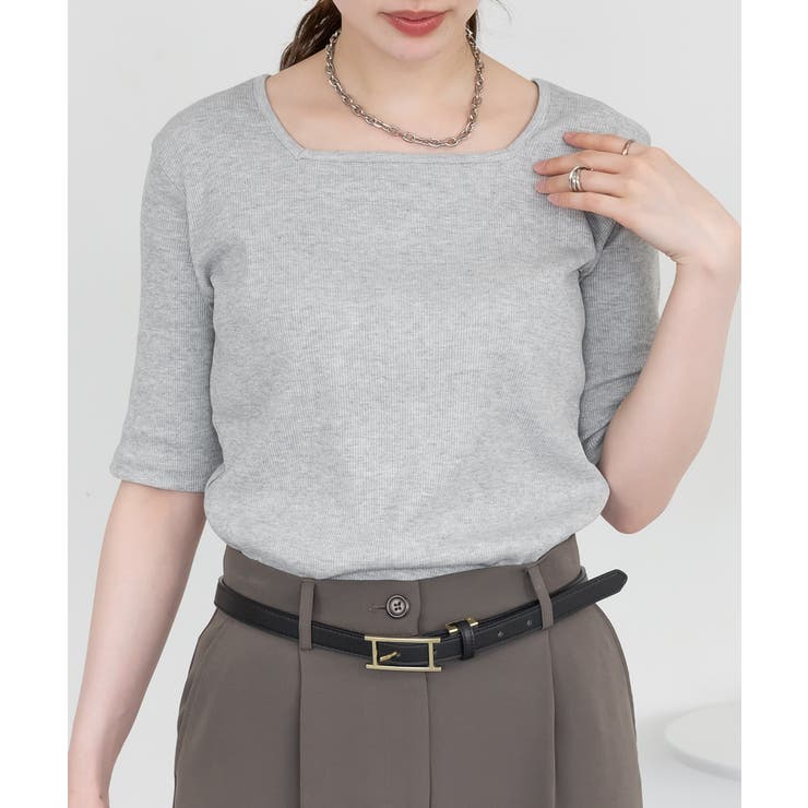 M-GRAY | スクエアネック5分袖コットンリブTシャツ レディース 大きいサイズ | JungleJalopy