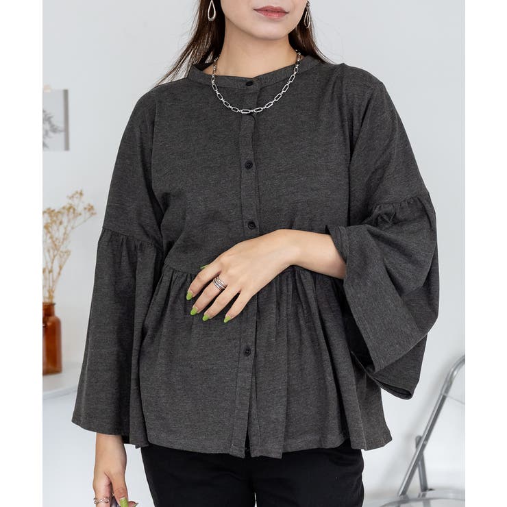 C-GRAY | ペプラムギャザーブラウス風カットソー レディース 大きいサイズ | JungleJalopy