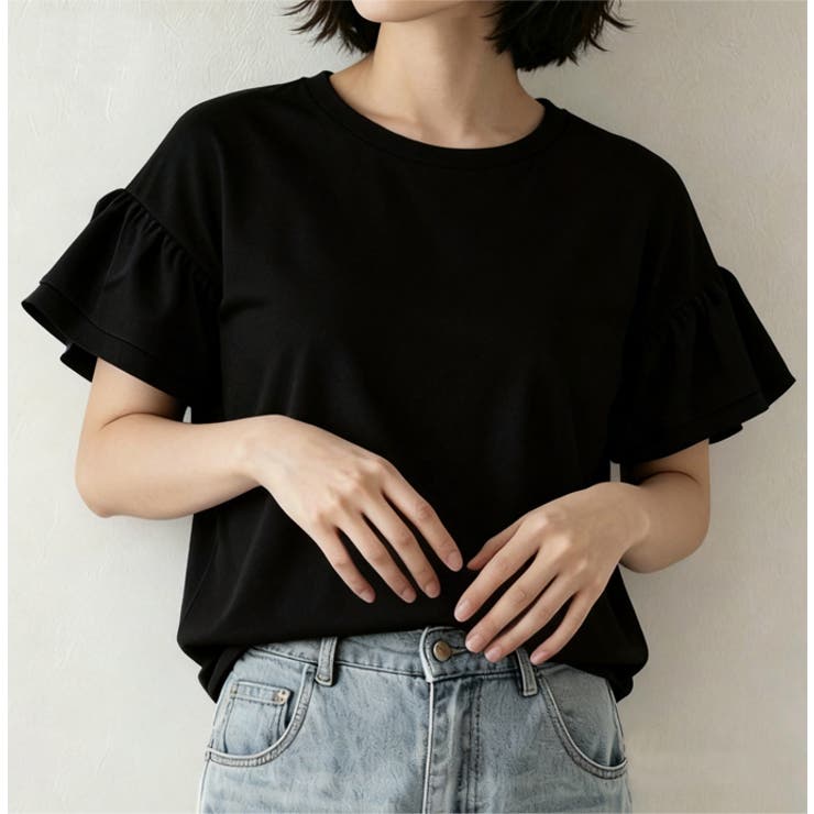 ブラック | 綿100％ 袖フリルTシャツ カットソー | karei