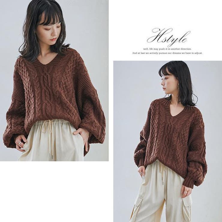 ニットセーター レディース キーネック ケーブルニットトップス