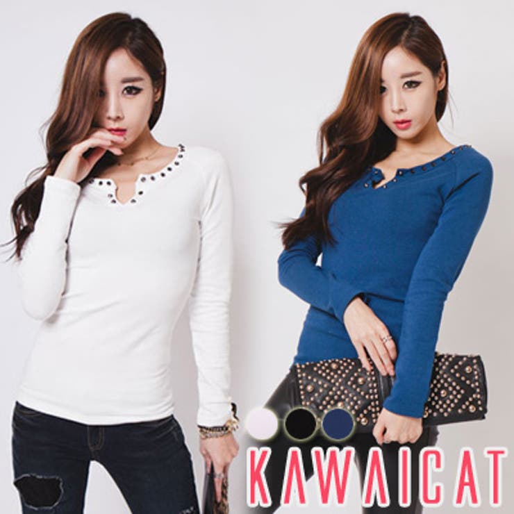 スパイスを与えたネックラインポイントスタッズ装飾長袖Ｔシャツ | KawaiCat | 詳細画像1 