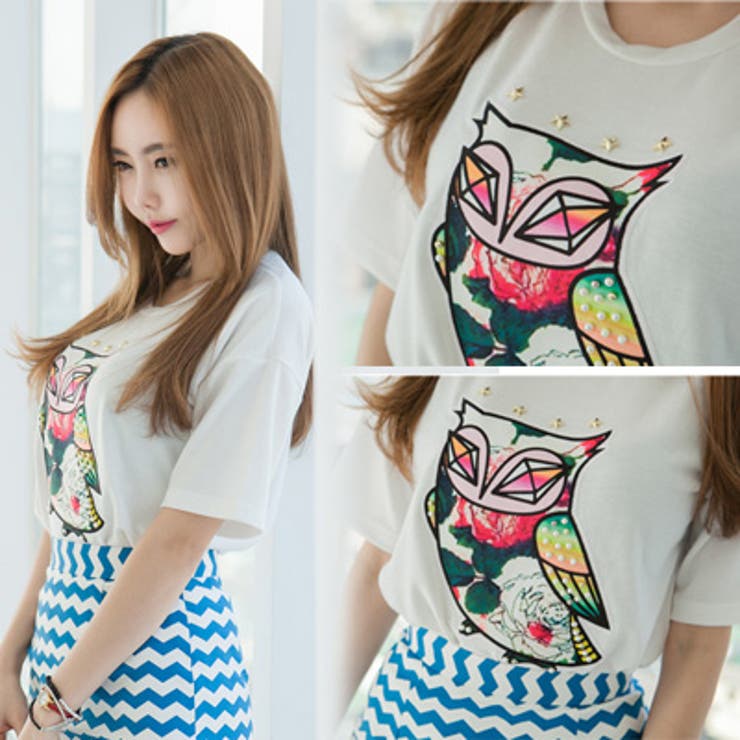 【ts10943】 星スタッズ・ビーズ装飾ポイントカラフルフクロウプリントTシャ… | KawaiCat | 詳細画像2 