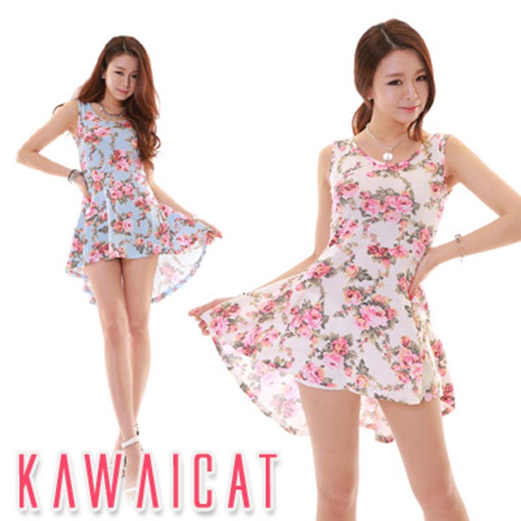 前後アンバランスな丈で脚長効果のあるアンバランス裾ノースリーブ花柄ワンピース | KawaiCat | 詳細画像1