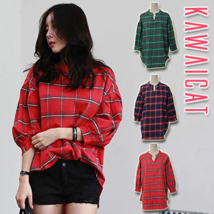 【ts12460】大きなチェック柄でコーデにポイントを チェック柄バルーン袖ルー… | KawaiCat | 詳細画像1 