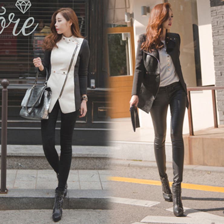 斜めZIPでスリムなシルエット レザー切り替え斜めZIPポイントジャケット | KawaiCat | 詳細画像3 