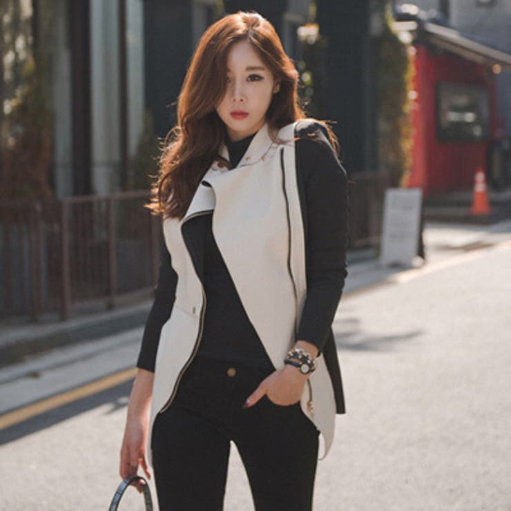 斜めZIPでスリムなシルエット レザー切り替え斜めZIPポイントジャケット | KawaiCat | 詳細画像5 