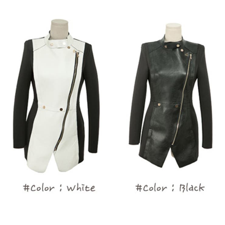 斜めZIPでスリムなシルエット レザー切り替え斜めZIPポイントジャケット | KawaiCat | 詳細画像7 