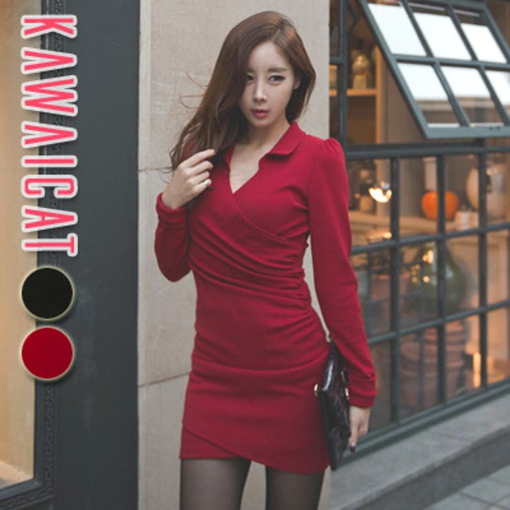 シャーリングでボディーラインをキレイにアシスト カラー付きシャーリングワンピース | KawaiCat | 詳細画像1