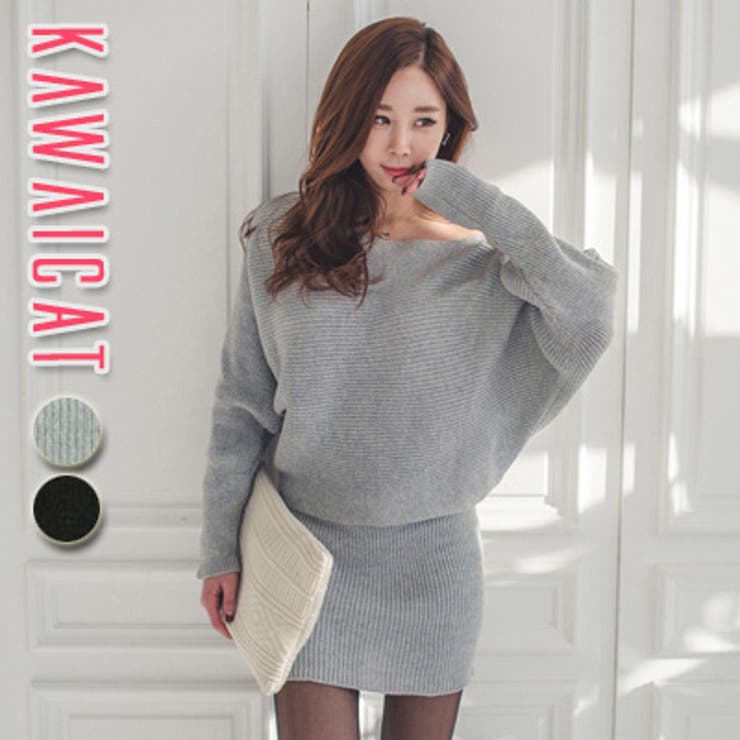 ルーズなドルマンニットトップスと細身のミニスカートでメリハリのあるスタイル | KawaiCat | 詳細画像1 