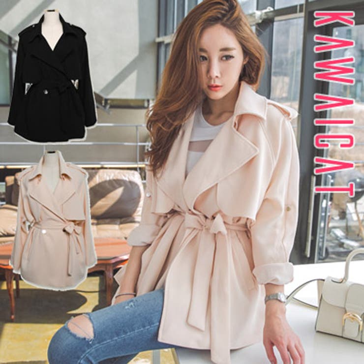 短めの丈でトレンド感のあるスタイルが完成 ハーフトレンチコート | KawaiCat | 詳細画像1