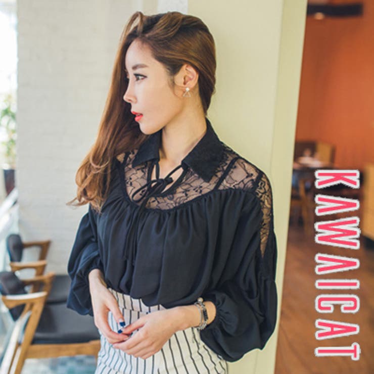 軽くて柔らかい肌触りのブラウス♪ゆったりしたサイズ感のレース配色ラブリーバルーン… | KawaiCat | 詳細画像1