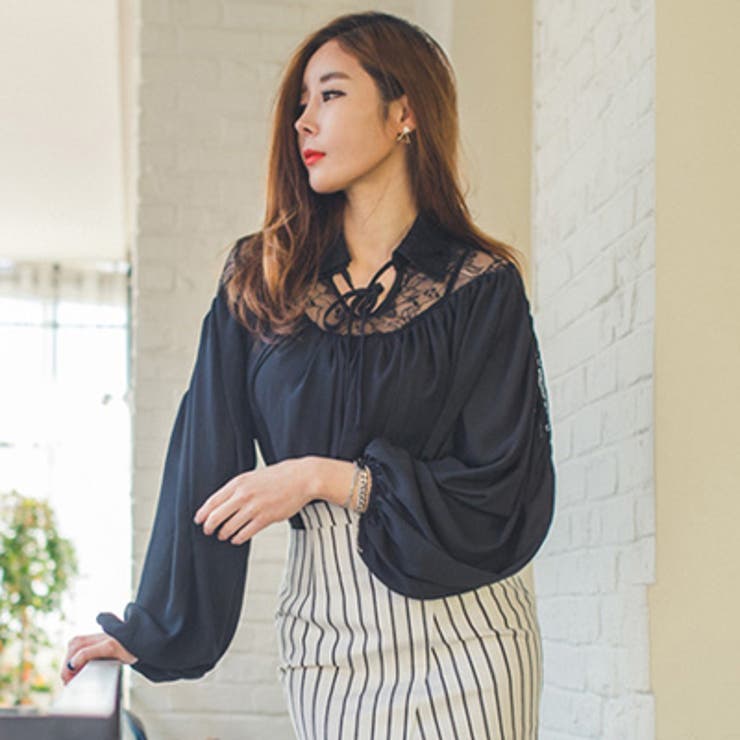 軽くて柔らかい肌触りのブラウス♪ゆったりしたサイズ感のレース配色ラブリーバルーン… | KawaiCat | 詳細画像4