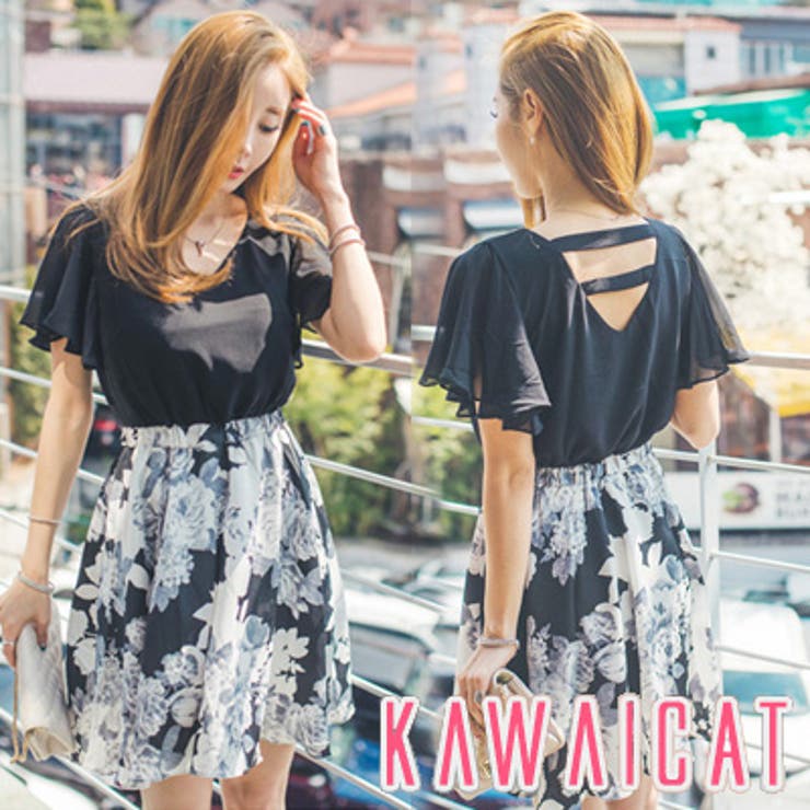 ブラウスとフラワースカートをマッチしたようなワンピース♪袖フリルで女性らしい花柄… | KawaiCat | 詳細画像1 