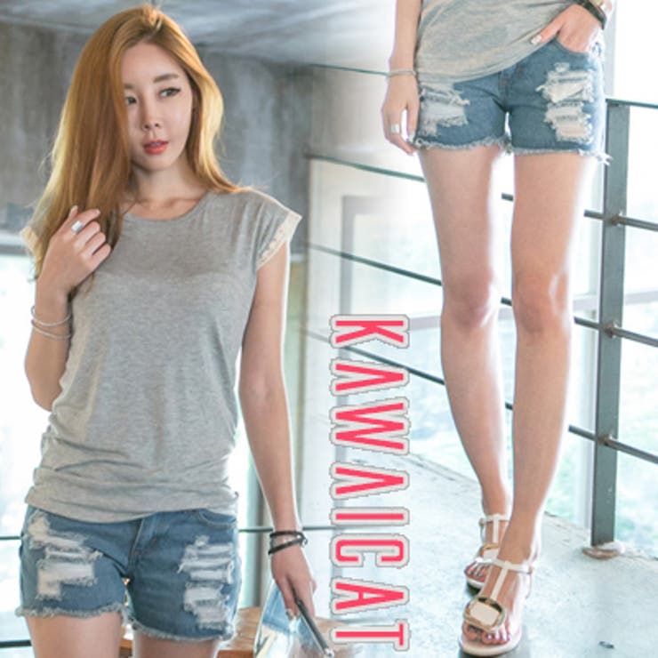 ダメージ加工のビンテージ感がgood!ビンテージ風クラッシュショートデニムパンツ… | KawaiCat | 詳細画像1