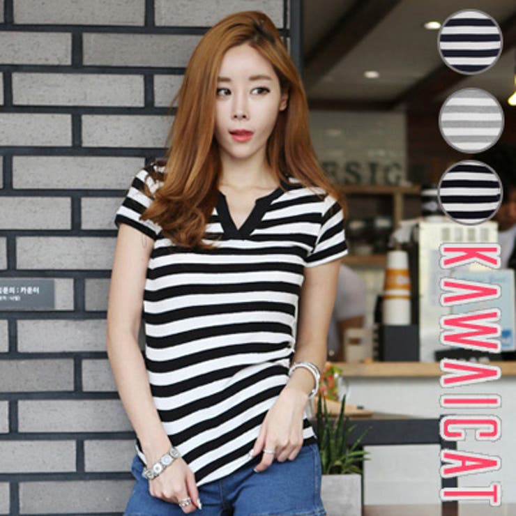 Vネックがすっきりとした印象を与える♪ベーシックデザインストライプ柄Vネック半袖… | KawaiCat | 詳細画像1