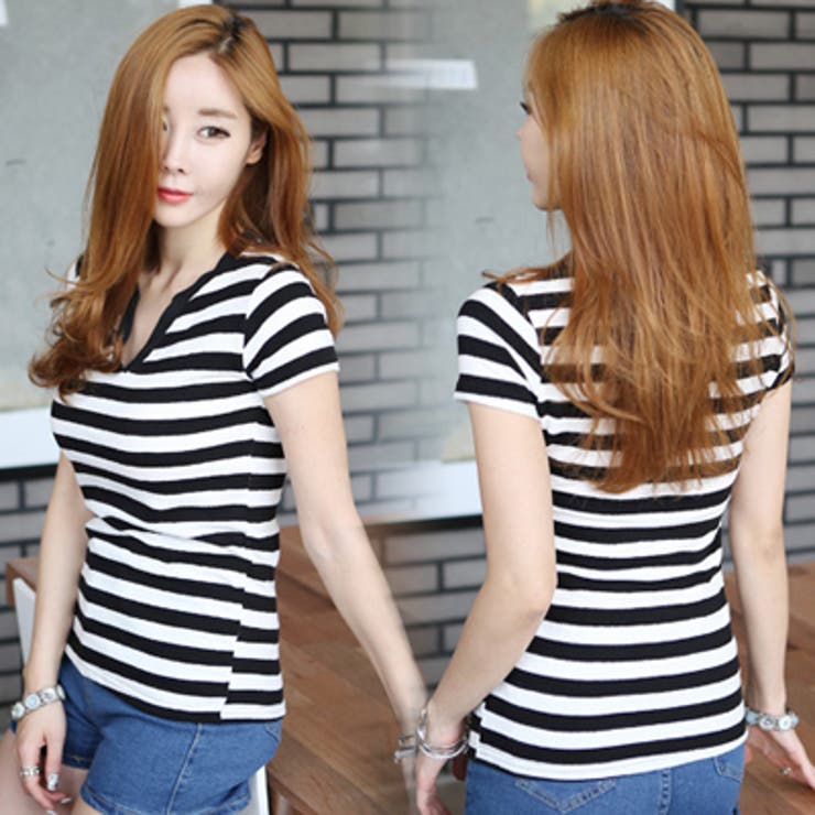 Vネックがすっきりとした印象を与える♪ベーシックデザインストライプ柄Vネック半袖… | KawaiCat | 詳細画像3