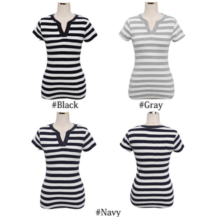 Vネックがすっきりとした印象を与える♪ベーシックデザインストライプ柄Vネック半袖… | KawaiCat | 詳細画像7