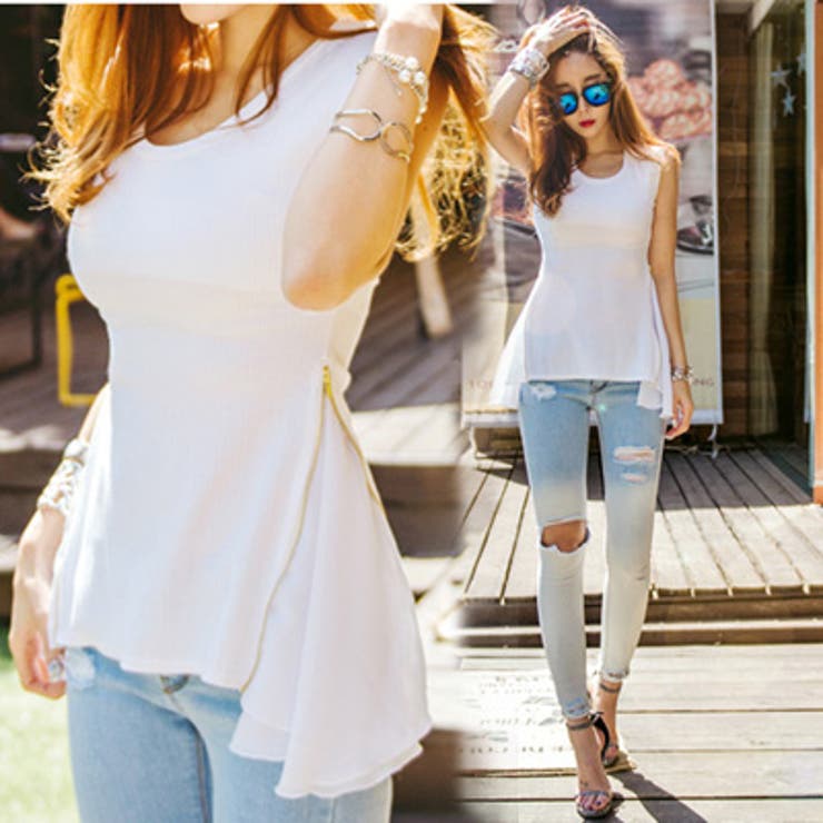 ウエスト細効果あり♪両サイドジッパー付きフレアーラインノースリーブカットソー | KawaiCat | 詳細画像5