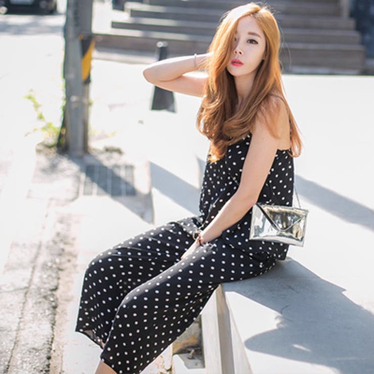 水玉柄が可愛い♪まるでサロペットのような上下セット♪ドット柄キャミソール+クロッ… | KawaiCat | 詳細画像1 