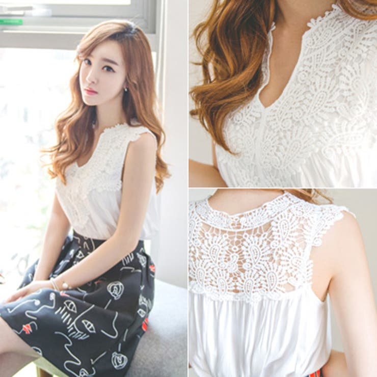 レース配色がフェミニンな印象♪フレアーシルエットナチュラルノースリーブチュニック… | KawaiCat | 詳細画像2