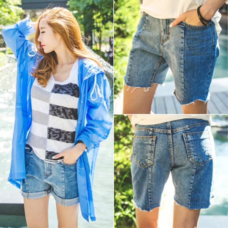 ユニークなデニム切り替えデザイン♪ツートンカラーロールアップ