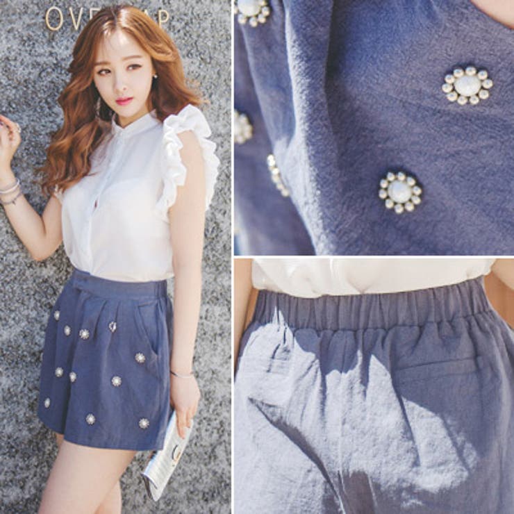 大きめフラワーパールモチーフが可愛い♪リネン素材で夏にもすっきりフラワーパールフレアショートパンツ
