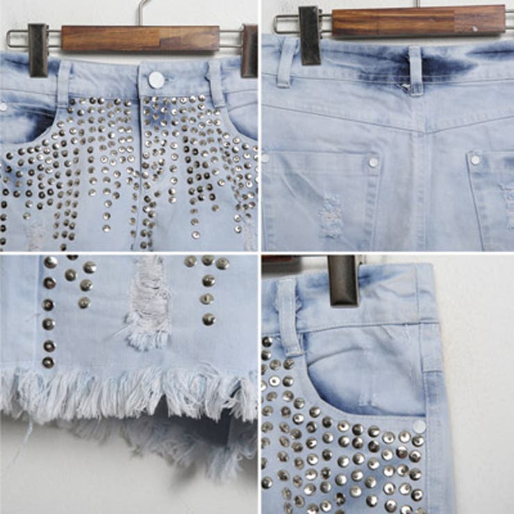 ヴィンテージ風デニムショートパンツ、刺繍＆スタッズデザイン
