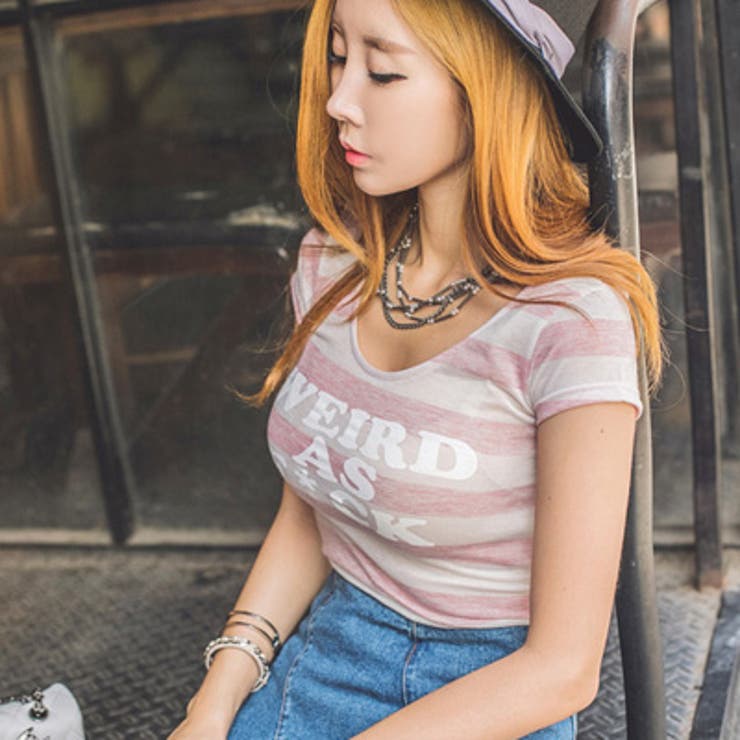 パステルカラーが優しい印象♪ボーダー柄ロゴプリントUネックフレンチスリーブTシャ… | KawaiCat | 詳細画像4