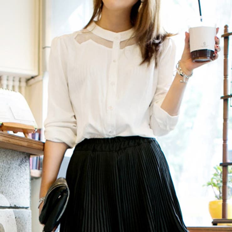 襟元シースルーが女性らしい♪すっきりとしたスタンドカラーのネックラインシースルー… | KawaiCat | 詳細画像1