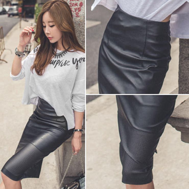 裾のパンチングデザインがポイント♪フェイクレザー膝下丈パンチング切替タイトスカー… | KawaiCat | 詳細画像2