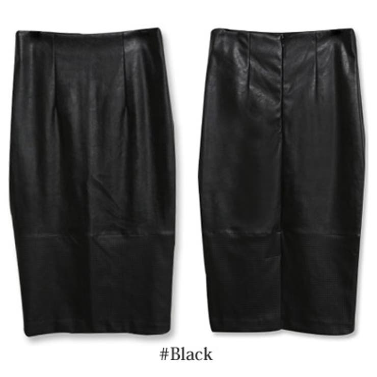 裾のパンチングデザインがポイント♪フェイクレザー膝下丈パンチング切替タイトスカー… | KawaiCat | 詳細画像7