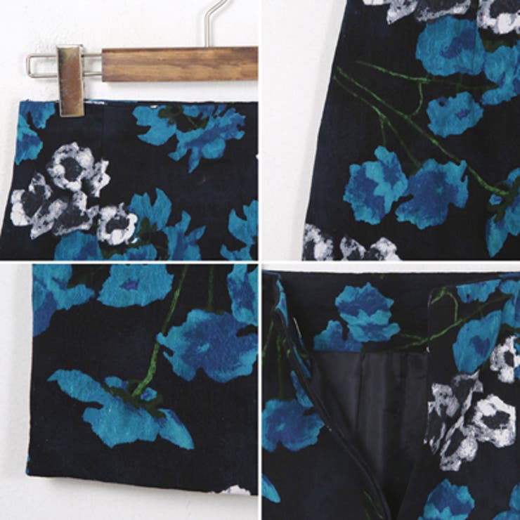 ブルー×ブラックカラーの花柄が華やかで高級感のあるスカート
