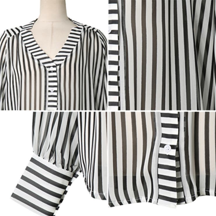 【ts16702】透け感がオシャレでセクシー♪縦ストライプ模様ノーカラー長袖ブラウス 透け感がオシャレでセクシー♪縦ストライプ模様ノーカラー長袖