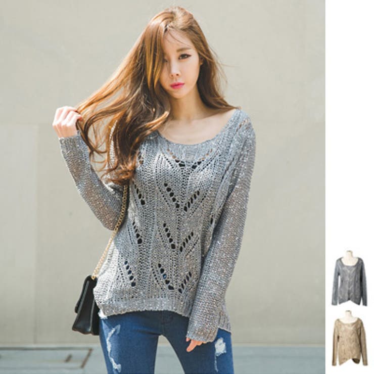 スパンコールがキラキラ光ってオシャレ♪メタルニット長袖カットソー | KawaiCat | 詳細画像1