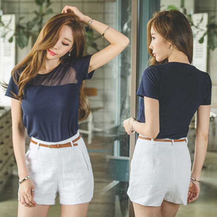 ts16916】女性らしく密かにセクシー♪メッシュ配色半袖Tシャツ[品番