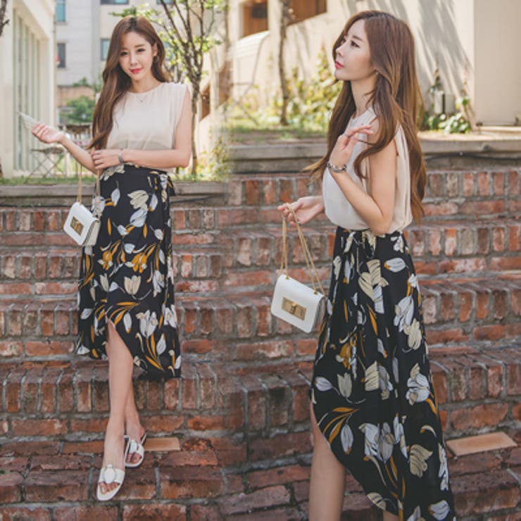 女性らしさ溢れる♪ノースリーブブラウス+花柄ラップロング 女性らしさ溢れる♪ノースリーブブラウス+花柄ラップロング